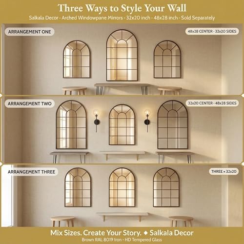 Brown Framed 48x28Inch Arched Window Pane Mirror| Arched Mirrors - Image 7