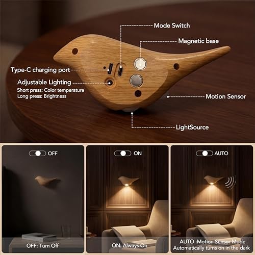 2-Pack Faux Wood Bird Wall Sconces, Timber-Look Plastic Cordless Motion Sensor - Image 5