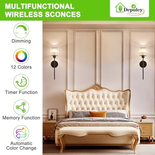 Depuley Wall Sconces Battery Operated: Set of 2 Wireless Crystal Wall Lights - Image 2