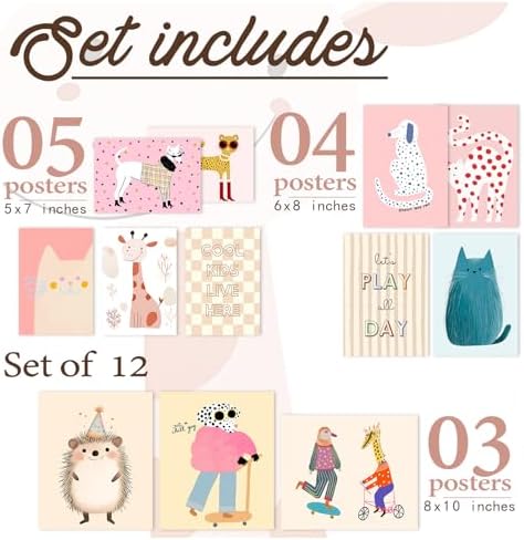 Aroutde 12Pcs Pink Kids Canvas Wall Art, Cartoon Animals Playroom Wall Decor - Image 4