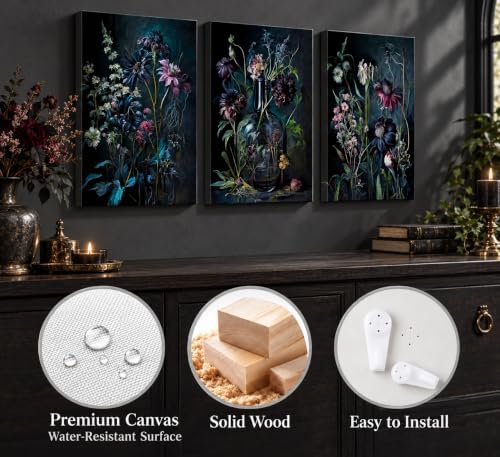 hijyord 3 Pcs Dark Academia Floral Canvas Wall Art 12x16in - Image 3