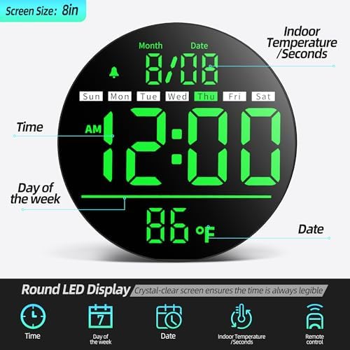 8in Round Digital Wall Clock, Large LED Display, Auto DST, Temperature - Image 2