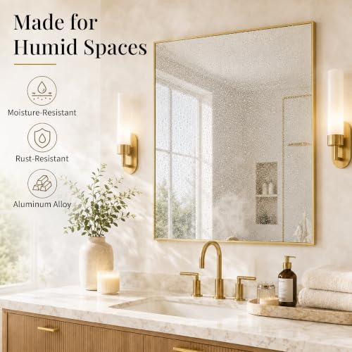 30"x30" Brushed Gold Framed Square Bathroom Vanity Wall Mirror - Image 4