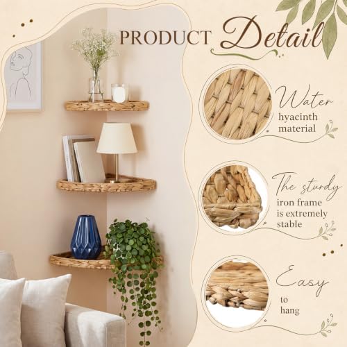 Amyhill Set of 3 Wicker Floating Corner Shelf Boho Wall Decor - Image 3