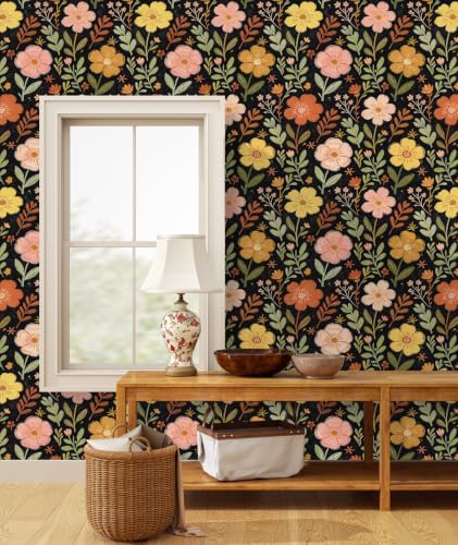 ILHIIOR Black/Orange Floral Peel and Stick Wallpaper 17.5 x 118 Inches - Image 3