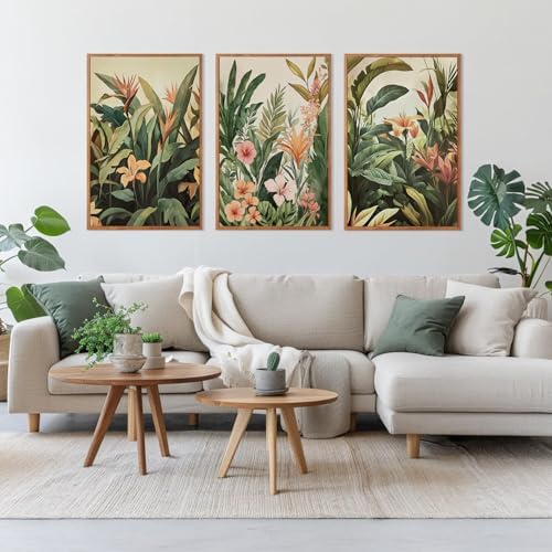 HLNIUC Boho Tropical Leaves Framed Canvas Wall Art, Abstract Flower Wall Decor - Image 2