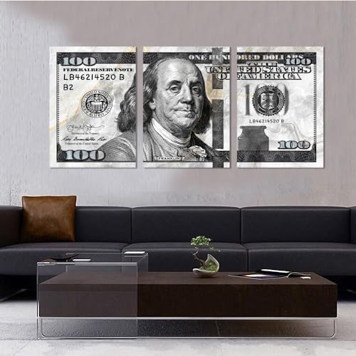 Money Pictures Wall Decor 3 Panels One Hundred Dollars Pictures Wall Art Grey - Image 4
