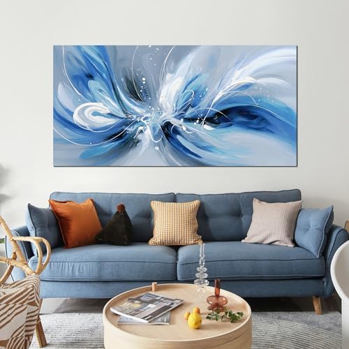 Blue White and Gray Abstract Canvas Wall Art - Image 2