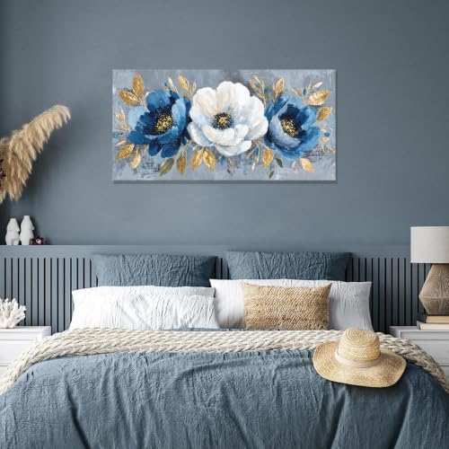Modern Blue White Flower Canvas Wall Art - Image 2