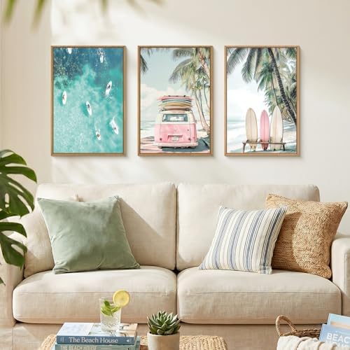 HOURIA Summer Surfboard Beach Framed Canvas Wall Art Set-24"x36"x3 - Image 2