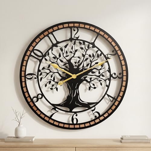 24" Tree of Life Wood and Metal Wall Clock, Rustic Decor by Axioglo