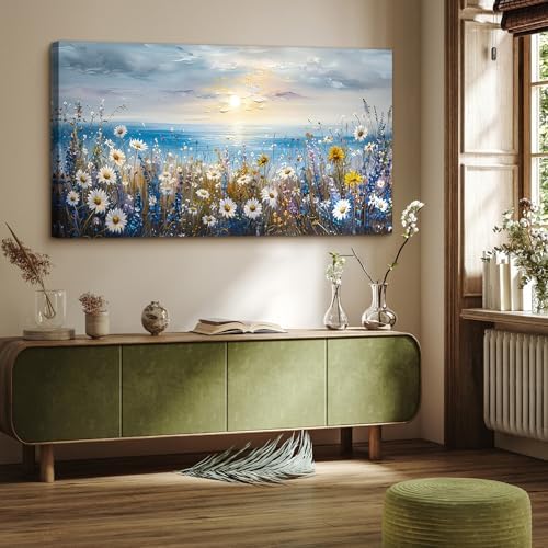 crmotu Extra Large Canvas Art, Beach Daisy Sunset Pictures 29X57 In - Image 3