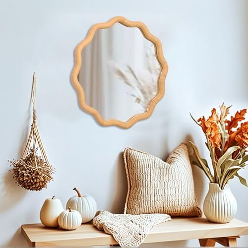 FUIN 20" Round Rattan Wall Mirror, Scalloped Wavy Wicker Frame - Image 5
