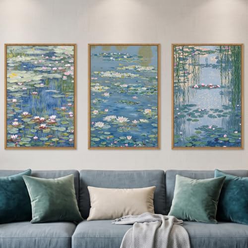 Large Claude Monet Style Framed Canvas Wall Art, Nature Lilies Ponds Wall Decor by Unknown