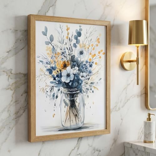 REWBKFIM Navy Blue Floral Canvas Wall Art Watercolor Botanical Bouquet in Mason - Image 3