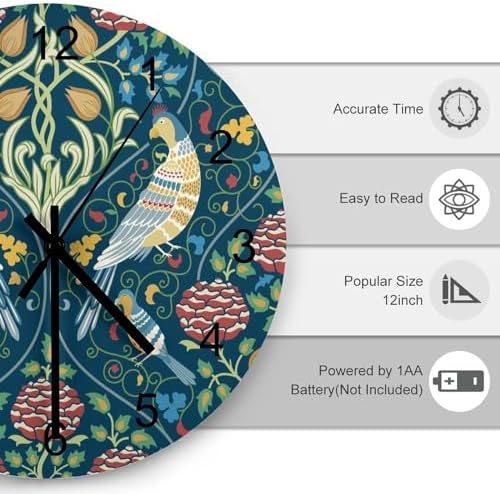 William Morris Wall Clock, Vintage Rustic Art Botanical Floral Bird Wall Clocks - Image 3