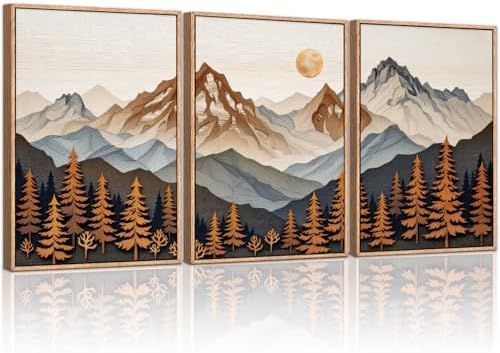HLNIUC Large Boho Mountain Framed Canvas Wall Art Set, Woodcut Style Mountain by HLNIUC