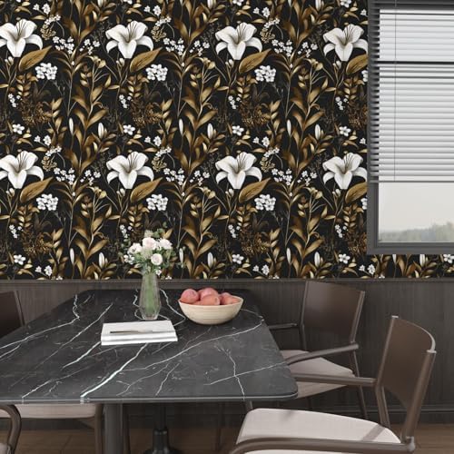 Laatse Vintage Dark Black Golden Floral Peel and Stick Wallpaper 17.5"x118" - Image 6