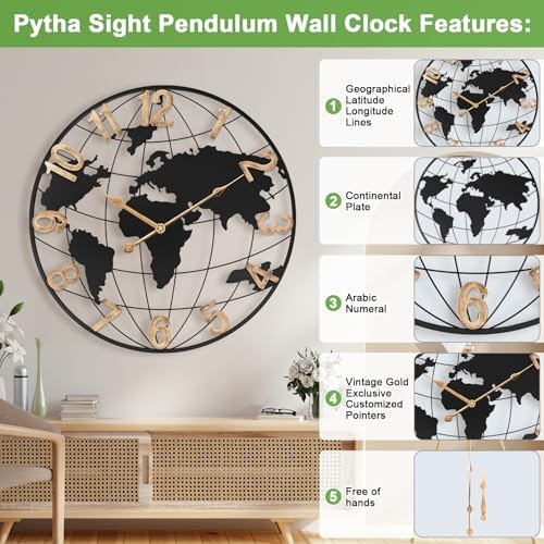 Pytha Sight 20 Inch Metal Large World Map Wall Clocks - Image 2