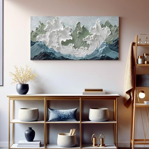 YISXINOAG White Green Ocean Wall Art Minimalist Coastal Painting 20"X40" - Image 4