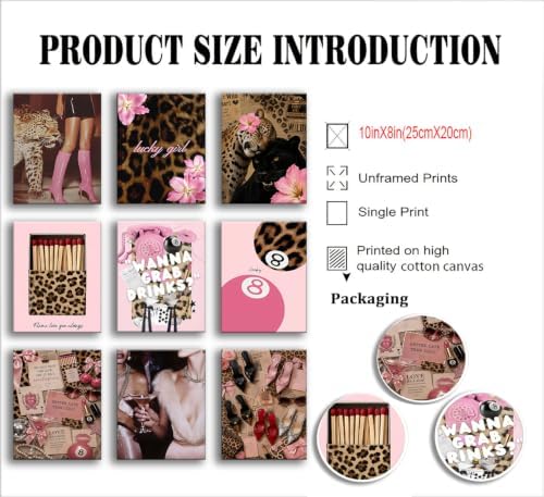 ZBMYYGO 9Pcs Pink Trendy Girls Retro Leopard Canvas Wall Art, Preppy Cheetah - Image 3