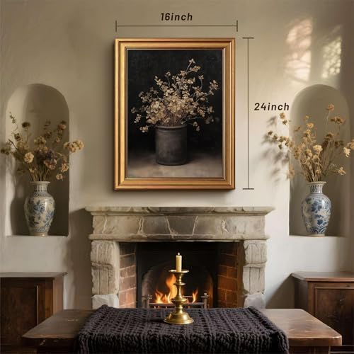 Gold Framed Moody Floral Wall Art, Vintage Fall Dried Flowers Vase Pictures - Image 3