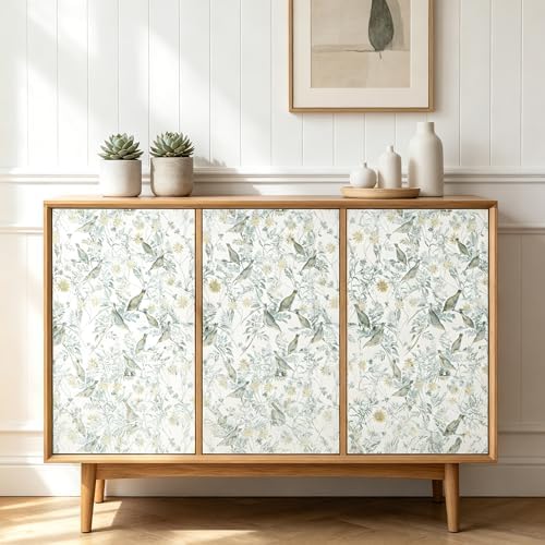 Peel and Stick Wallpaper White/Green Vintage Floral & Birds Self Adhesive - Image 2