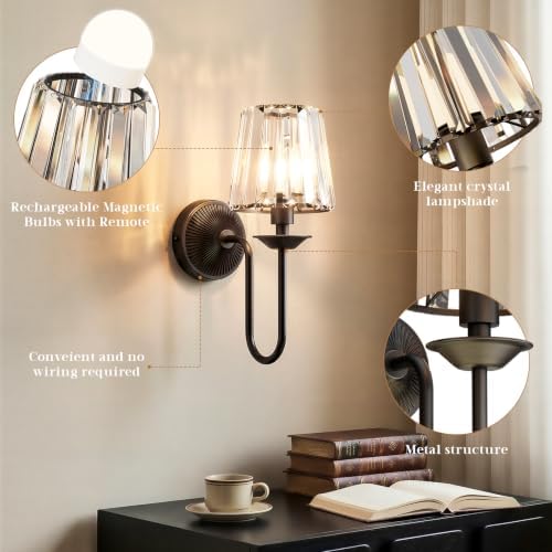 Black Battery Operated Wall Sconces Set of Two, Crystal Wireless Rechargeable - Image 2