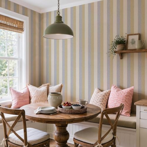 Stripes Textured Peel and Stick Wallpaper 17.3"x120" Beige Yellow Blue - Image 4