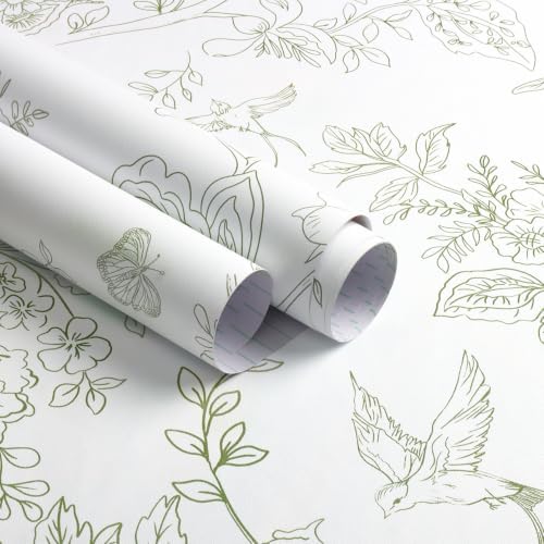 Froluya Green and White Peel and Stick Floral Wallpaper 17.7in×196.8in by Froluya