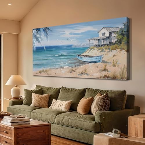 Arjun Blue Coastal Wall Art for Living Room Beach Large Size Framed 48"x24" by Arjun