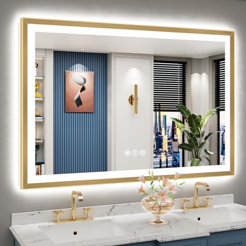 55x36 Gold Beveled LED Lighted Bathroom Mirror, Backlit & Front Lit by Awandee