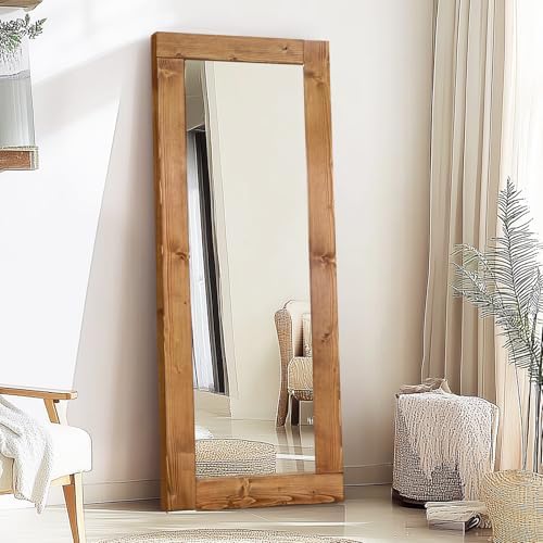 65x24in Full Length Mirror, Solid Wood Convex Frame, Light Brown by ABSWHLM