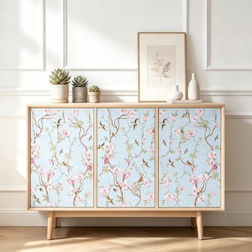 Peel and Stick Wallpaper Light Blue Vintage Floral & Birds Self Adhesive - Image 2
