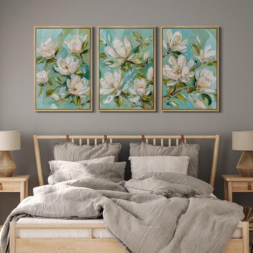 MUDECOR Framed Canvas Print Wall Art Abstract Magnolia Flower Teal Green - Image 5