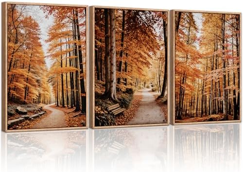 HLNIUC Autumn Forest Framed Canvas Wall Art, Fall Nature Pictures Wall Decor by HLNIUC