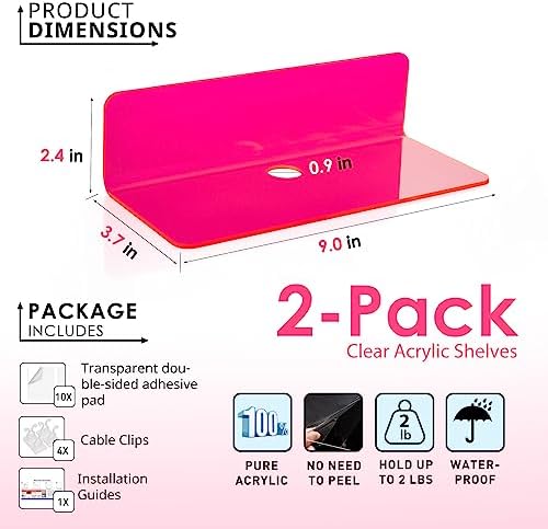 OAPRIRE Acrylic Floating Wall Shelves Fluorescent Pink, No Drill, 9 Inch 2P - Image 2