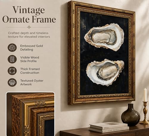 Vintage Gold Framed Oyster Wall Art Dark Moody Seafood Shell Shel Painting - Image 3