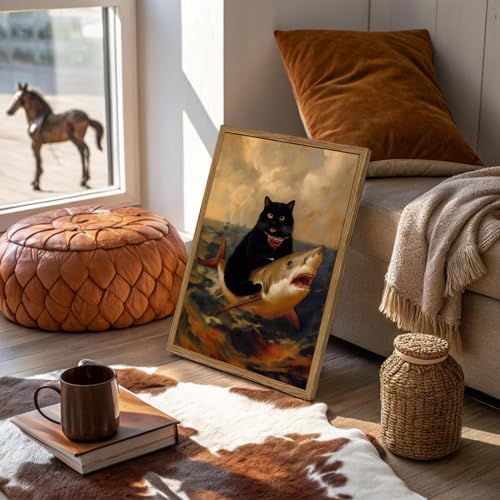 Funny Black Cat Riding Shark Wall Art Whimsical Bar Cart Wall Decor Picture - Image 2