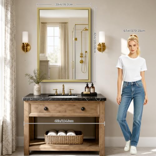 Bathroom Mirror, 30 x 42 inch Natural Wood Grain Colored Aluminum Metal Frame - Image 2