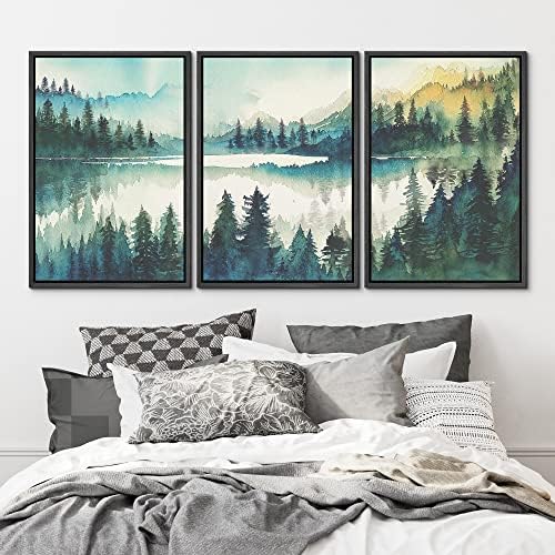 MUDECOR Framed Canvas Print Wall Art Set Watercolor Teal Emerald Green Mountain - Image 2