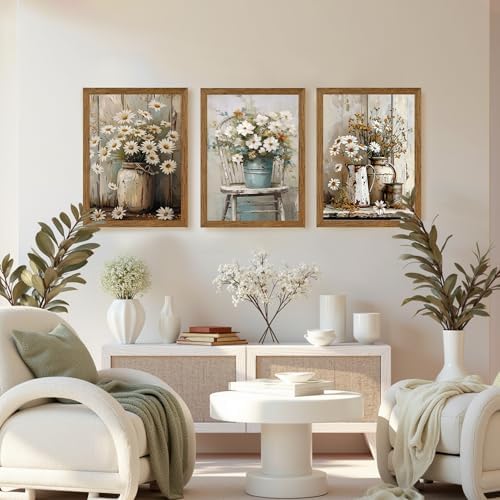 DUWQU Triptych Rustic Farmhouse Daisy Framed Canvas Wall Art 16x24 inch x3 - Image 3