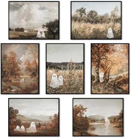 Mynotix Funny Halloween Poster Set of 7, Cute Ghost Country Landscape Wall Art by MynotixWallArt