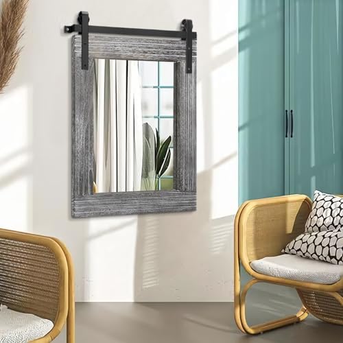 AAZZKANG Barn Door Rustic Mirror Large Wood Framed Wall Mirror 30"x22" - Image 4