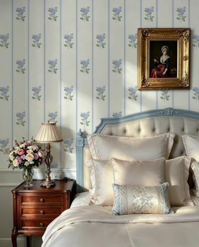 Guvana Peel and Stick Wallpaper Blue Stripe Wall Paper Floral Contact Paper - Image 4