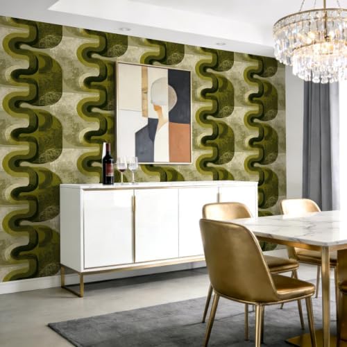 Olive Green Abstract Peel and Stick Wallpaper, Mid Century Modern Geometric - Image 2