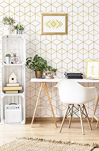 Safiyya 590"x17.3" Wallpaper Gold and White Peel and Stick Wallpaper Geometric - Image 5