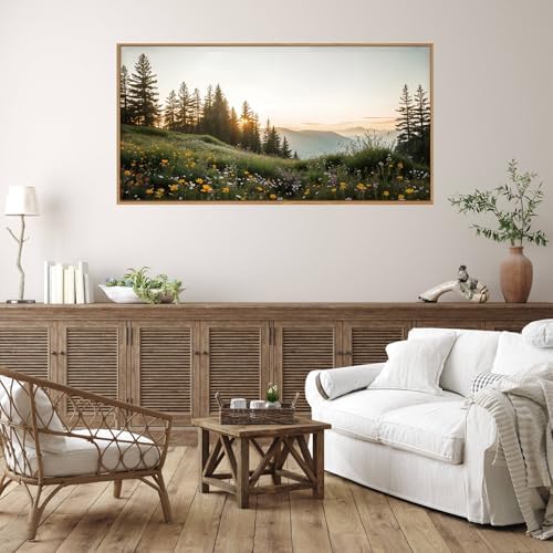 FWIEXA Green Forest Mountain Framed Canvas Wall Art Set, Wildflower Meadow Wall - Image 2