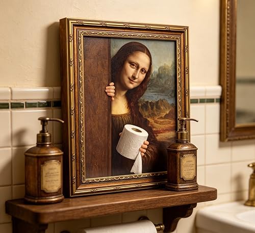 Funny Mona Lisa‑Inspired Lady Holding Toilet Paper Wall Art, Ornate Golden - Image 2