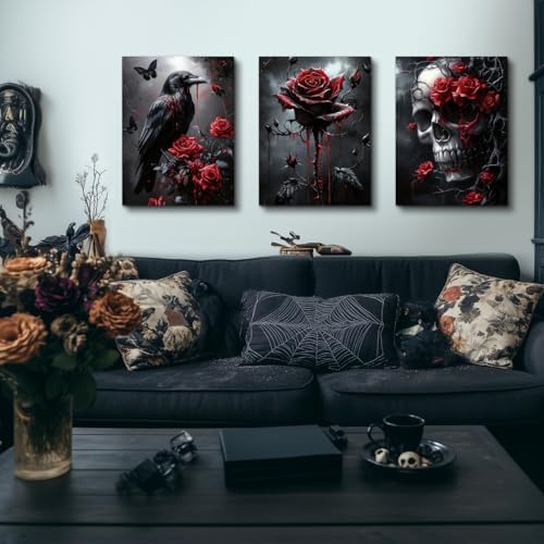 Hianan Wrapped Canvas Dark Goth Crow Rose Skull Wall Art Set of 3, 16x24 in - Image 4